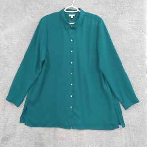 J Jill Tunic Top Women's Large Teal Button Up Collared Long Sleeve Polyester